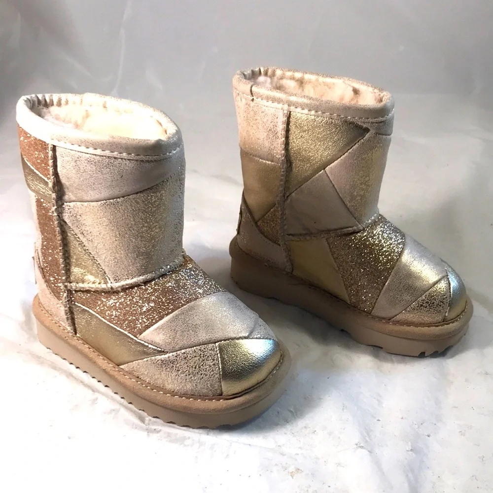 UGG Classic Short 2 Gold Patchwork Glitter Leather Shearling Lined Whimsy Boots